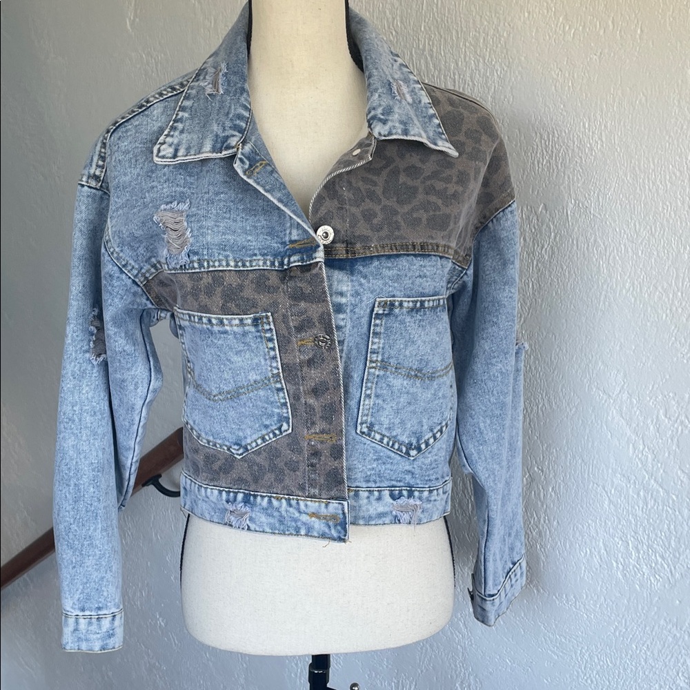 NWOT JEANS Denim and Leopard Print Women's Jacket Small 6/8